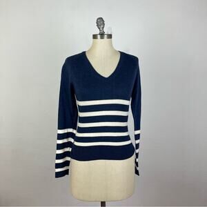 Lacoste Blue/White Stripe V Neck Merino Wool Sweater